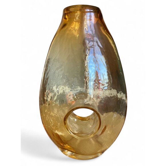 Amber Glass Art Vase With Unique Cutout Design - Picture 2 of 7